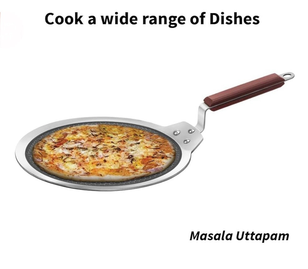 Hawkins 28 cm Dosa Tava, Triply Stainless Steel Shielded Nonstick Tawa with Rosewood Handle, Honeycomb Non Stick Induction Tawa, Silver (NSDT28)