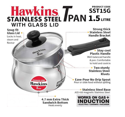 Hawkins Stainless Steel Tpan 1.5L with Glass lid