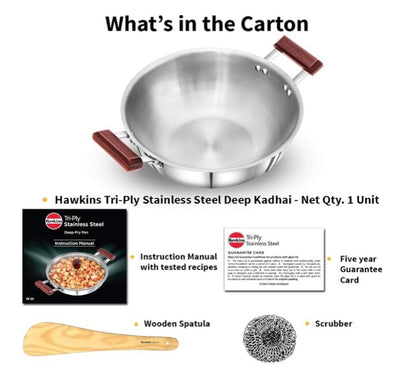 Hawkins 4 Litre Deep Kadhai, Triply Stainless Steel Kadai, Flat Bottom Induction Kadhai, Big Kadai, Silver (SSK40)
