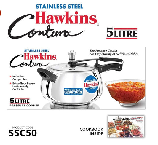 Hawkins 5 Litre Contura Pressure Cooker, Stainless Steel Inner Lid Cooker, Handi Cooker, Induction Cooker, Silver (SSC50)