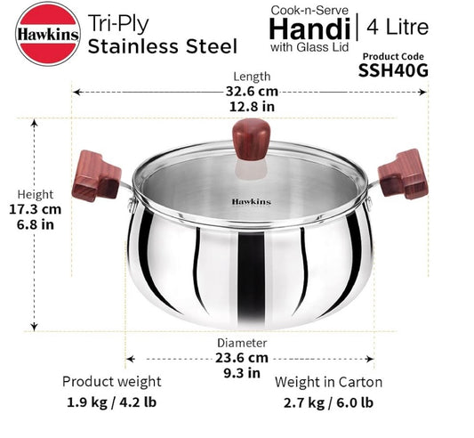 Hawkins 4 Litre Cook n Serve Handi, Triply Stainless Steel Handi with Glass Lid, Induction Sauce Pan, Saucepan, Silver (SSH40G)
