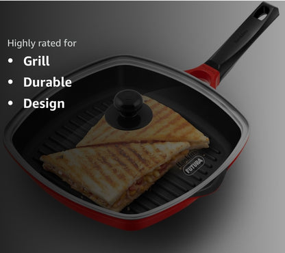 Hawkins 30 cm Grill Pan, Non Stick Die Cast Grilling Pan with Glass Lid, Square Grill Pan for Gas Stove, Ceramic Coated Pan, Roast Pan (DCGP30G)