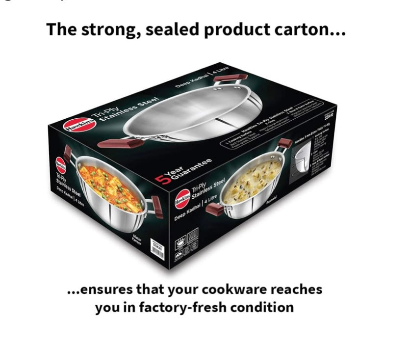 Hawkins 4 Litre Deep Kadhai, Triply Stainless Steel Kadai, Flat Bottom Induction Kadhai, Big Kadai, Silver (SSK40)