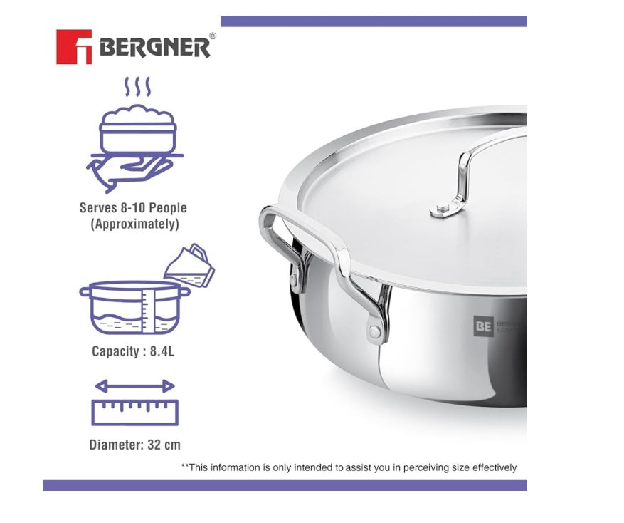 Bergner BE Bergner Essentials TriPly Stainless Steel 32 cm Biryani Handi Lid, 8.4 L Biryani Pot, Large Patila Handi, Even Heat Distribution, Induction & Gas Compatible, Silver