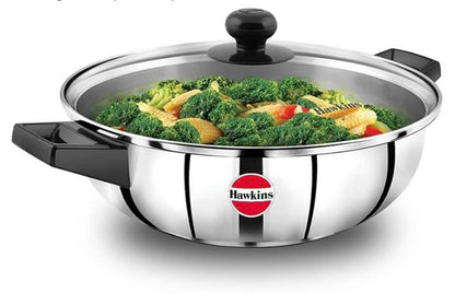Hawkins 3 Litre Cook n Serve Frying Pan, Stainless Steel Fry Pan with Glass Lid, Induction Frying Pan, Frypan for Cooking and Serving, Silver (SSF3LG)
