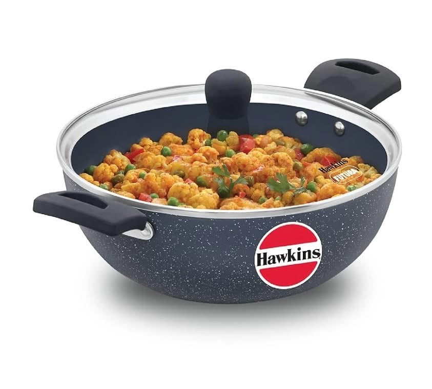 HAWKINS Ceramic Nonstick 3.5 Litre Deep Kadhai, Induction Deep Fry Pan with Glass Lid, Granite Kadai (ICK35G)