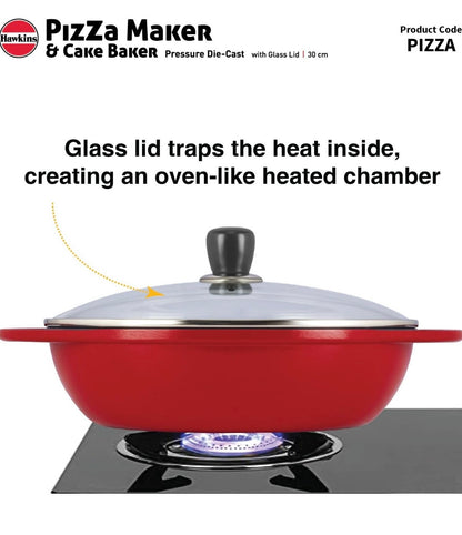 Hawkins Diecast 30 cm Nonstick Pizza Maker and Cake Baker with Glass Lid, Gas Oven, Pizza Oven Toaster Griller Tandoor Barbecue, Cake Baking Pan, Red (PIZZA)