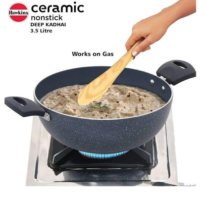 HAWKINS Ceramic Nonstick 3.5 Litre Deep Kadhai, Induction Deep Fry Pan with Glass Lid, Granite Kadai (ICK35G)