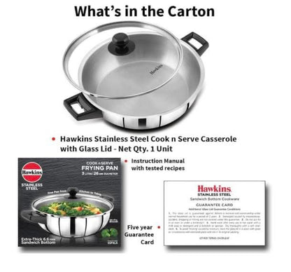 Hawkins 3 Litre Cook n Serve Frying Pan, Stainless Steel Fry Pan with Glass Lid, Induction Frying Pan, Frypan for Cooking and Serving, Silver (SSF3LG)