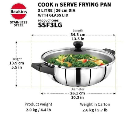 Hawkins 3 Litre Cook n Serve Frying Pan, Stainless Steel Fry Pan with Glass Lid, Induction Frying Pan, Frypan for Cooking and Serving, Silver (SSF3LG)