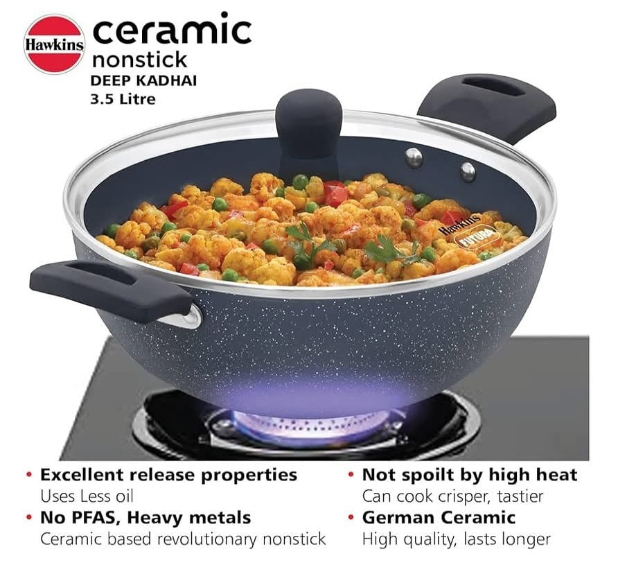 HAWKINS Ceramic Nonstick 3.5 Litre Deep Kadhai, Induction Deep Fry Pan with Glass Lid, Granite Kadai (ICK35G)