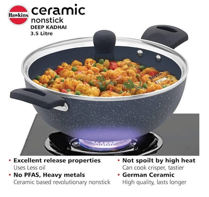 HAWKINS Ceramic Nonstick 3.5 Litre Deep Kadhai, Induction Deep Fry Pan with Glass Lid, Granite Kadai (ICK35G)