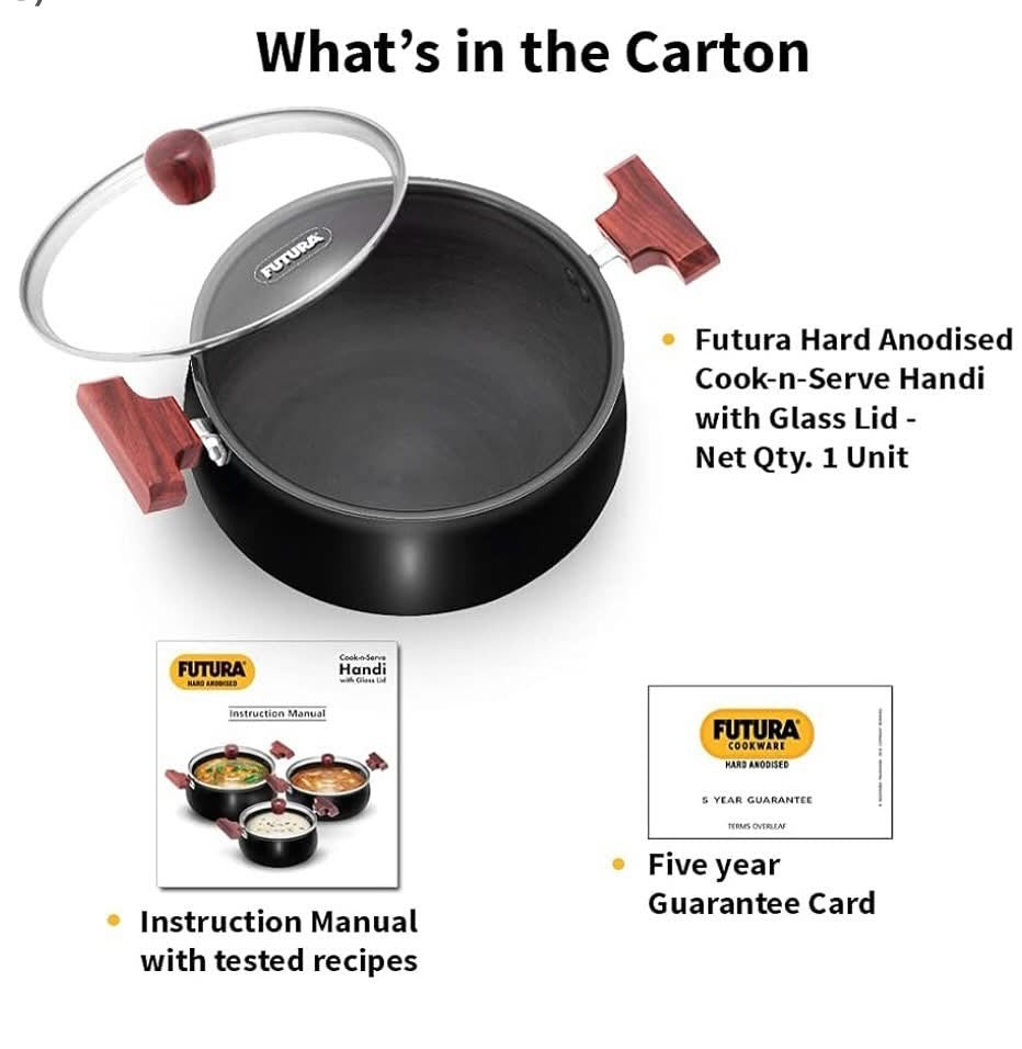 Hawkins Futura 4 Litre Cook n Serve Handi, Hard Anodised Biryani Handi with Glass Lid, Saucepan, Sauce Pan, Black (ACH40G)