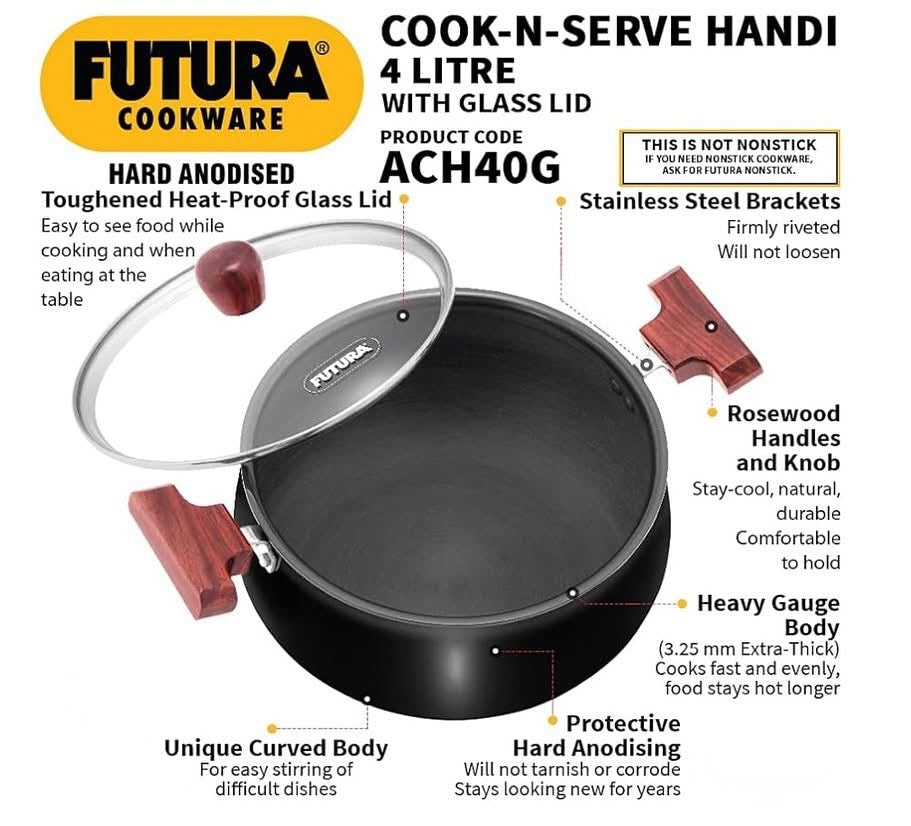 Hawkins Futura 4 Litre Cook n Serve Handi, Hard Anodised Biryani Handi with Glass Lid, Saucepan, Sauce Pan, Black (ACH40G)