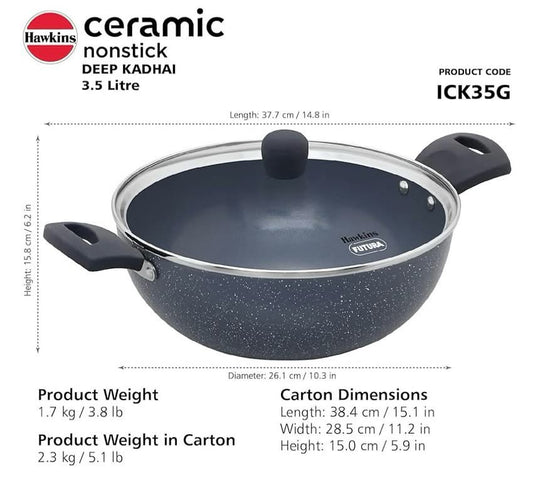 HAWKINS Ceramic Nonstick 3.5 Litre Deep Kadhai, Induction Deep Fry Pan with Glass Lid, Granite Kadai (ICK35G)
