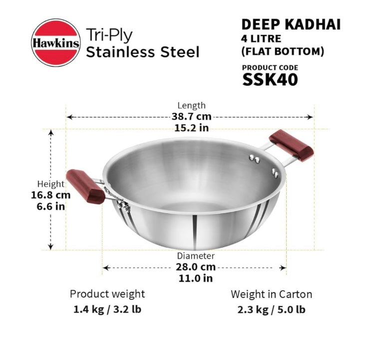 Hawkins 4 Litre Deep Kadhai, Triply Stainless Steel Kadai, Flat Bottom Induction Kadhai, Big Kadai, Silver (SSK40)
