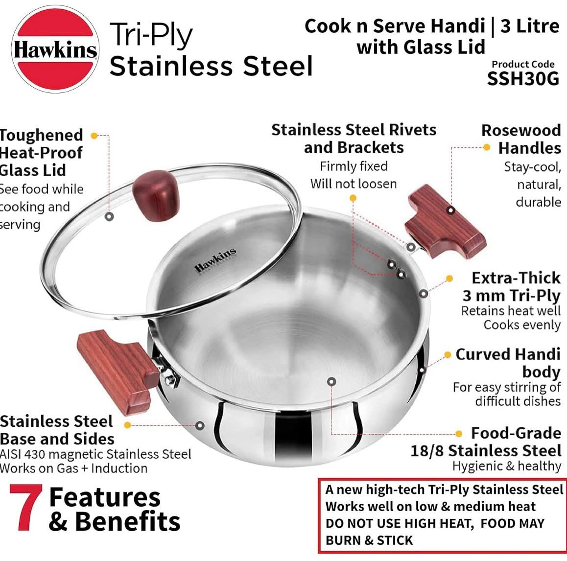 Hawkins 3 Litre Cook n Serve Handi, Triply Stainless Steel Handi with Glass Lid, Induction Sauce Pan, Saucepan, Silver (SSH30G)