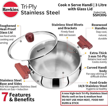 Hawkins 3 Litre Cook n Serve Handi, Triply Stainless Steel Handi with Glass Lid, Induction Sauce Pan, Saucepan, Silver (SSH30G)