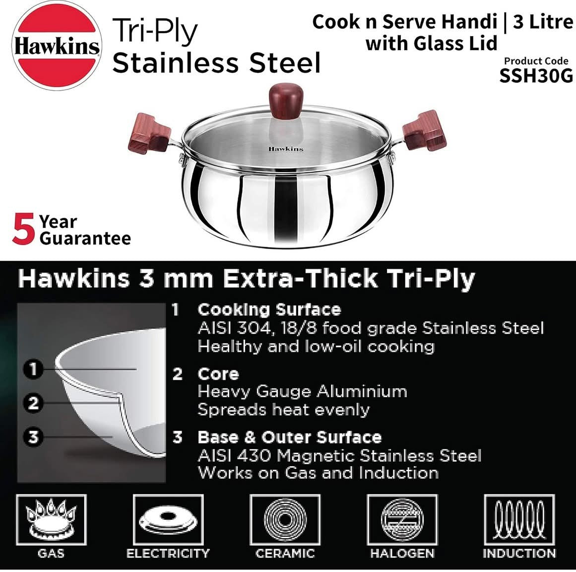 Hawkins 3 Litre Cook n Serve Handi, Triply Stainless Steel Handi with Glass Lid, Induction Sauce Pan, Saucepan, Silver (SSH30G)