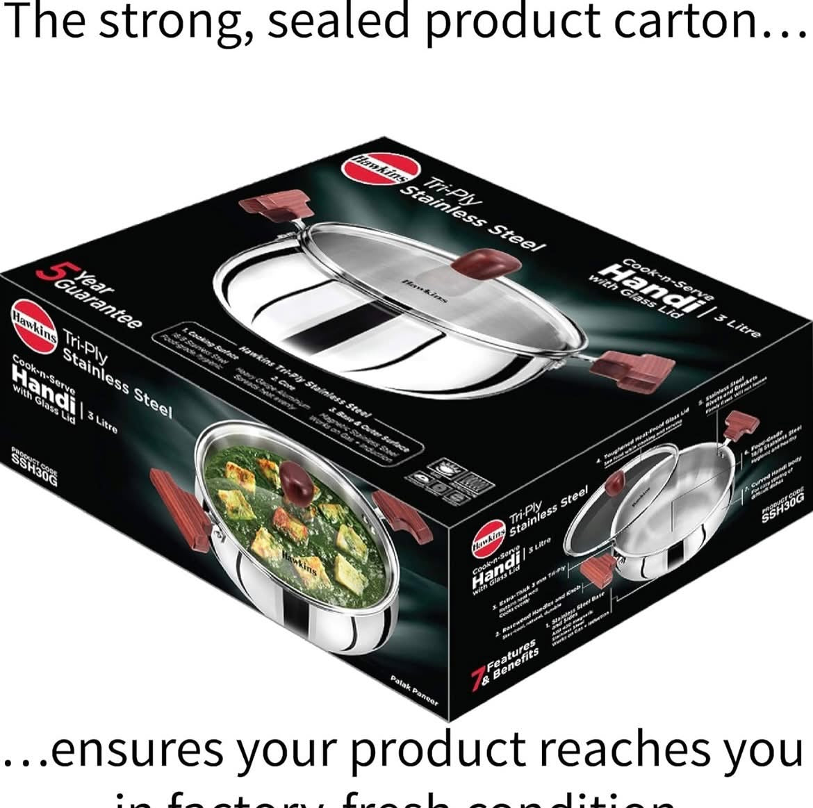 Hawkins 3 Litre Cook n Serve Handi, Triply Stainless Steel Handi with Glass Lid, Induction Sauce Pan, Saucepan, Silver (SSH30G)