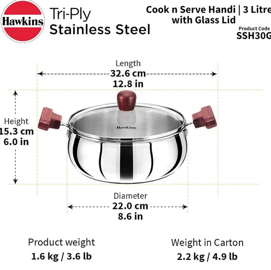 Hawkins 3 Litre Cook n Serve Handi, Triply Stainless Steel Handi with Glass Lid, Induction Sauce Pan, Saucepan, Silver (SSH30G)