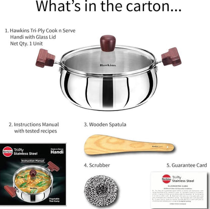 Hawkins 3 Litre Cook n Serve Handi, Triply Stainless Steel Handi with Glass Lid, Induction Sauce Pan, Saucepan, Silver (SSH30G)
