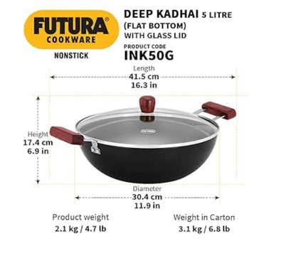 Hawkins Futura 5 Litre Deep Kadhai – Non-Stick, Induction Base with Glass Lid – Black (INK50G)